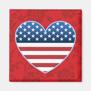 USA Flag Heart Hawaiian Floral Magnet