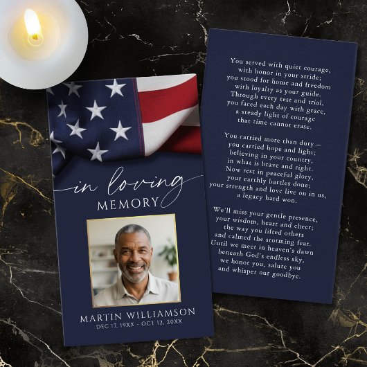 USA Flag Military Photo Funeral Prayer Card