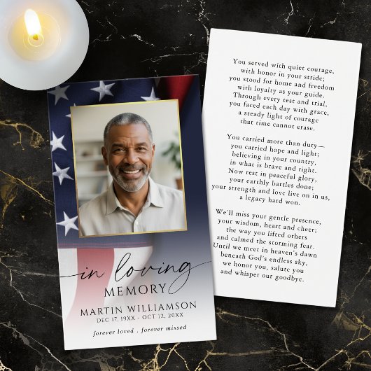 USA Flag Military Sympathy Photo Prayer Card