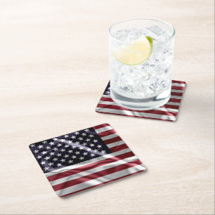 USA Flapping Flag Rood, Witte Strepen, Sterrenblau Vierkante Kartonnen Onderzetter