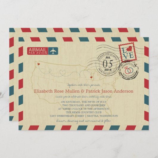 USA Map Faire-part de mariage Airmail (Devant / Derrière)