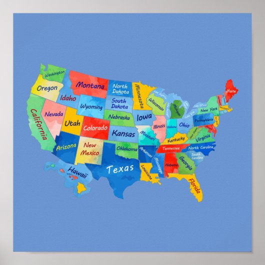 USA MAP watercolor artwork Poster (Devant)