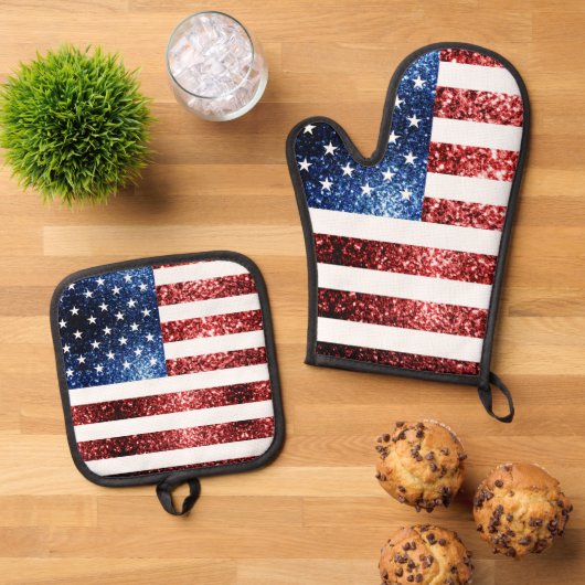 USA vlag rood blauw faux sparkles patriottische bl Ovenwant & Pannenlap Set (Top down)