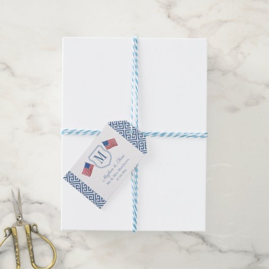 USA Vlaggen Patriottisch Monogram Crest Trouwdouch Cadeaulabel (Met Touw)