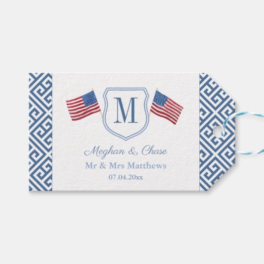 USA Vlaggen Patriottisch Monogram Crest Trouwdouch Cadeaulabel (Voorkant (Horizontaal))