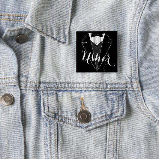 Usher Black en White Tux Wedding Party Button (In situ)