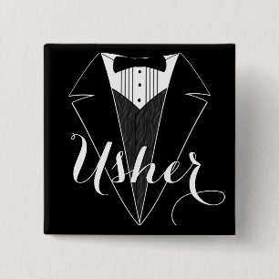 Usher Black en White Tux Wedding Party Button