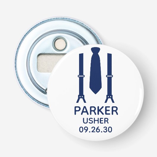 Usher Blauwe Das Button Flesopener (Voorkant)