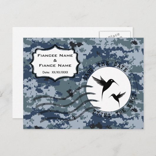 USN Marine Bewaar de Datum & Liefdesvogels Aankondigingskaart (Voorkant / Achterkant)