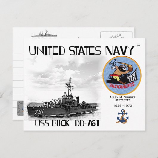 USS BUCK DD-761 DESTROYER - BRIEFKAART (Voorkant / Achterkant)