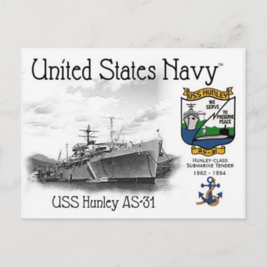 USS HUNLEY AS-31 ONDERZEEËR AANBESTEDEND BRIEFKAAR BRIEFKAART (Voorkant)