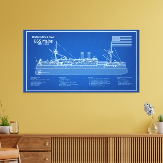 USS Maine - Schip Blauwdruk Plannen ABD Canvas Afdruk (Insitu (Woonkamer))