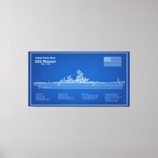 USS Missouri - Schip Blauwdruk Plannen ABD Canvas Afdruk (Voorkant)