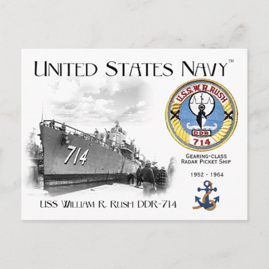 USS WILLIAM R. RUSH DDR-714 RADAR PICKET BRIEFKAAR BRIEFKAART (Voorkant)