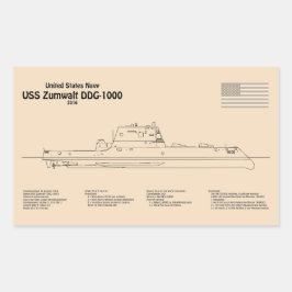 USS Zumwalt - Schip Blauwdruk Plannen SD Rechthoekige Sticker