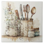 Ustensiles de cuisine Aquarelles rustiques Carrela<br><div class="desc">La scène rustique des ustensiles d'aquarelle de campagne de la ferme ont été utilisés pour créer ce carrelage céramique parfait. Mélangez et faites correspondre avec d'autres tuiles pour créer votre propre look customisé.</div>
