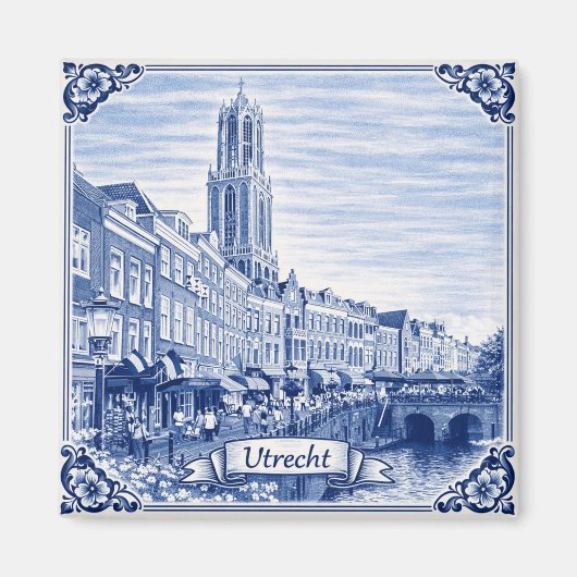 Utrecht canal houses Delft Blue style magnet (Devant)