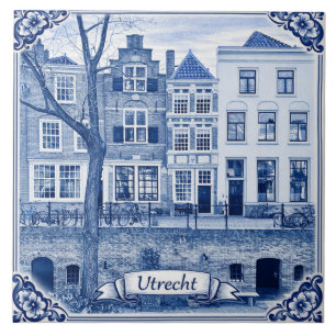 Utrecht grachtenpanden Delfts Blauw stijl keramisc Tegeltje
