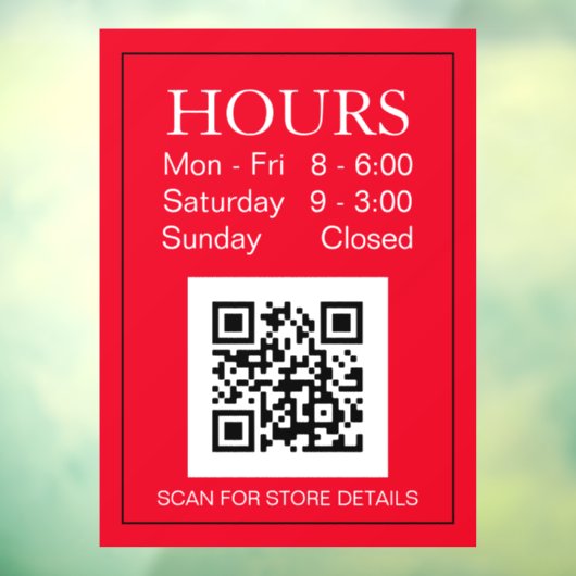 Uur Open Teken, QR-code, Witte Tekst op Rood Raamsticker (Vel 3)