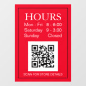 Uur Open Teken, QR-code, Witte Tekst op Rood Raamsticker (Vel)