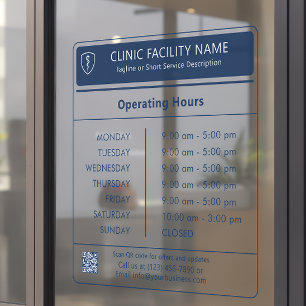 Uur van kliniekbedrijf Navy Blauwe Raamfolie Raamsticker
