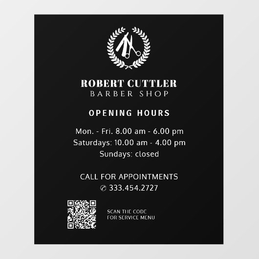 Uurrooster herenkapper eigen logo QR CODE Raamsticker (Vel)