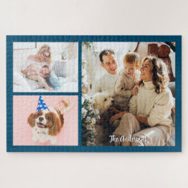 Uw 3 familiefoto's en scriptnaam op Ocean Blue Legpuzzel