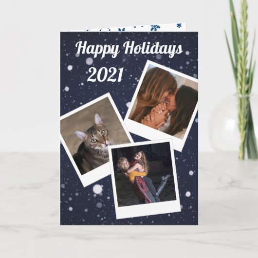 Uw 3 foto's in Retro Style Blue Snowflakes Feestdagen Kaart (Voorkant)