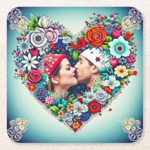 Uw Afbeelding toevoegen   Floral Heart Lijst Vierkante Kartonnen Onderzetter