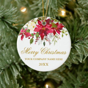 Uw bedrijf Waterverf Red Poinsettia Floral Gold Keramisch Ornament