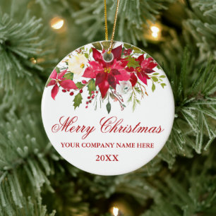 Uw bedrijf Waterverf Red Poinsettia Floral Keramisch Ornament