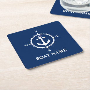 Uw Boat Name compass Anchor Blue Square Vierkante Kartonnen Onderzetter