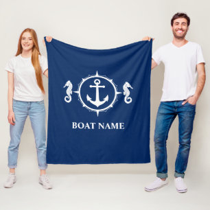 Uw Boat Name Seahorse Anchor Blue Fleece Blanket Deken