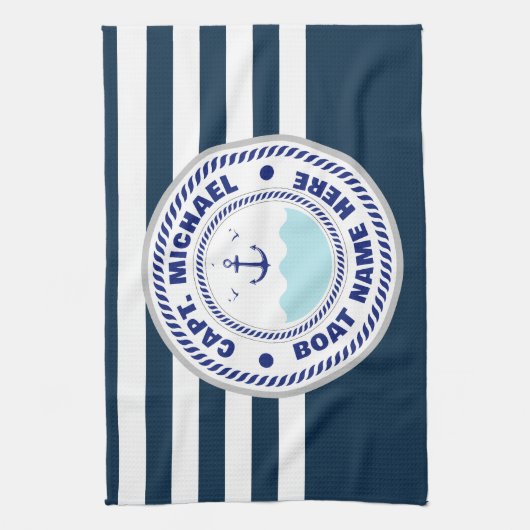 Uw Bootnaam Anker Blauw wit Theedoek (Verticaal)