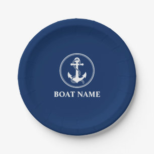 Uw bootnaam anker met touw marineblauw 7" papieren bordje