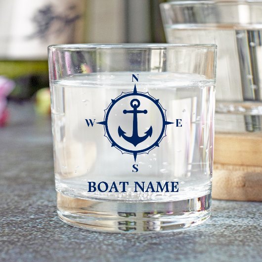 Uw Bootnaam Anker Nautical Compass Navy Blue Whisky Glas