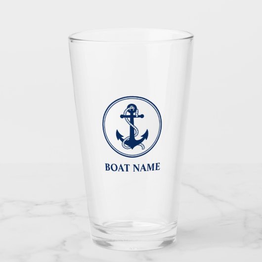 Uw Bootnaam Blauw Touw & Anker Glas (Voorkant)