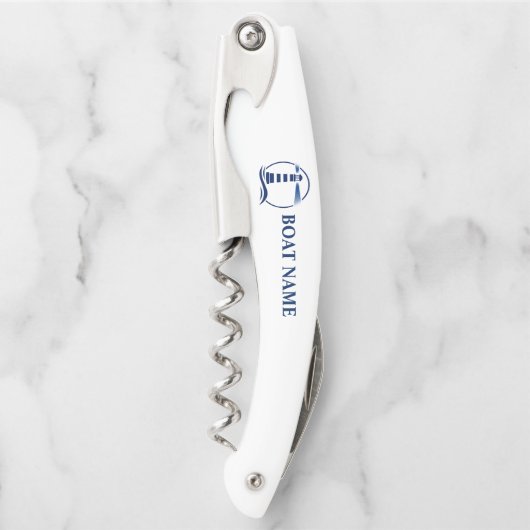 Uw Bootnaam Classic Vuurtoren op Wit Kurkentrekker (Voorkant)