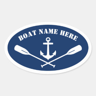 Uw Bootnaam Nautical Anchor & Oars Navy Blue Ovale Sticker