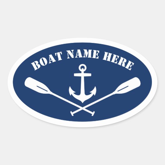 Uw Bootnaam Nautical Anchor & Oars Navy Blue Ovale Sticker (Voorkant)