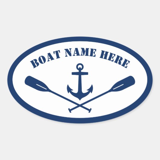 Uw Bootnaam Nautical Anchor & Oars Navy Blue Ovale Sticker (Voorkant)