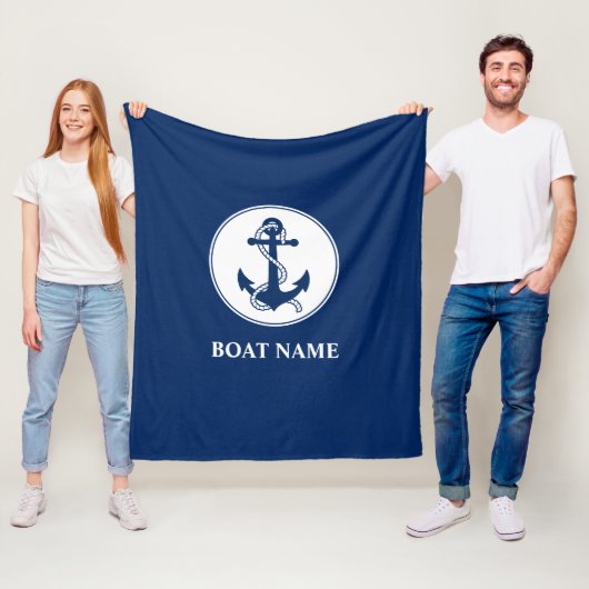 Uw bootnaam Nautical Anchor Rope Navy Blue Fleece Deken (In situ)