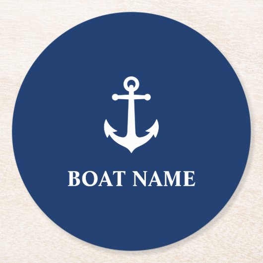 Uw Bootnaam &  Nautical Anker Navy Blue Ronde Kartonnen Onderzetter (Voorkant)