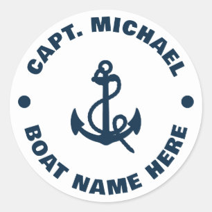 Uw Bootnaam Nautical Blue White Anker Captain Ronde Sticker