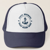 Uw Bootnaam Nautical Blue White Anker Captain Trucker Pet (Voorkant)