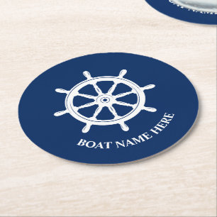 Uw bootnaam of tekst Ships Wheel Helm Blue Ronde Kartonnen Onderzetter