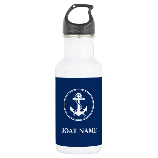 Uw Bootnaam Touw & Anker Blauw Wit Waterfles (Voorkant)