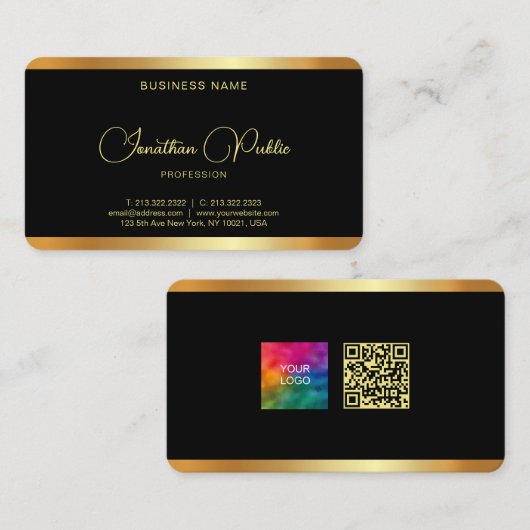 Uw Business Logo QR Code Custom Text Black Gold Visitekaartje (Voorkant / Achterkant)