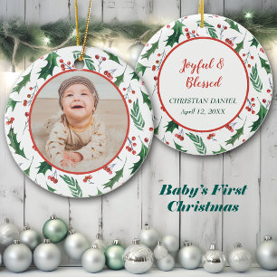 Uw eigen foto-sjabloon Red Berry Holly Border Keramisch Ornament