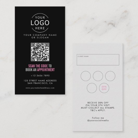 Uw eigen Logo Beauty Salon QR Code & Loyaliteit Visitekaartje (Voorkant / Achterkant)